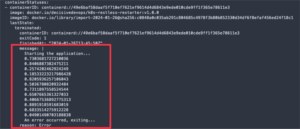 application output as termination status logs